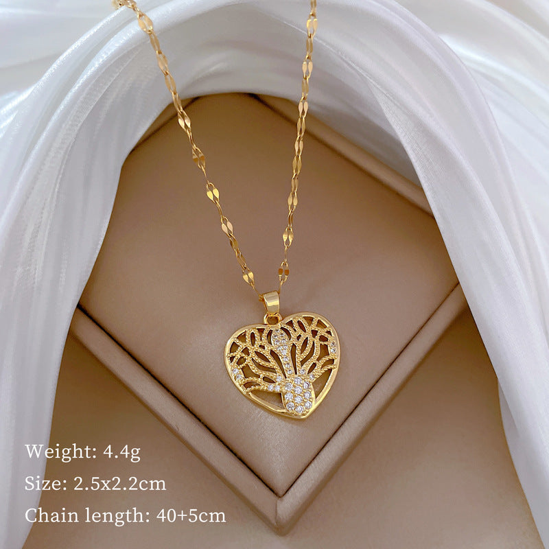 Collana di lusso in acciaio al titanio con cuore geometrico, strass e catena a labbra per donne e uomini