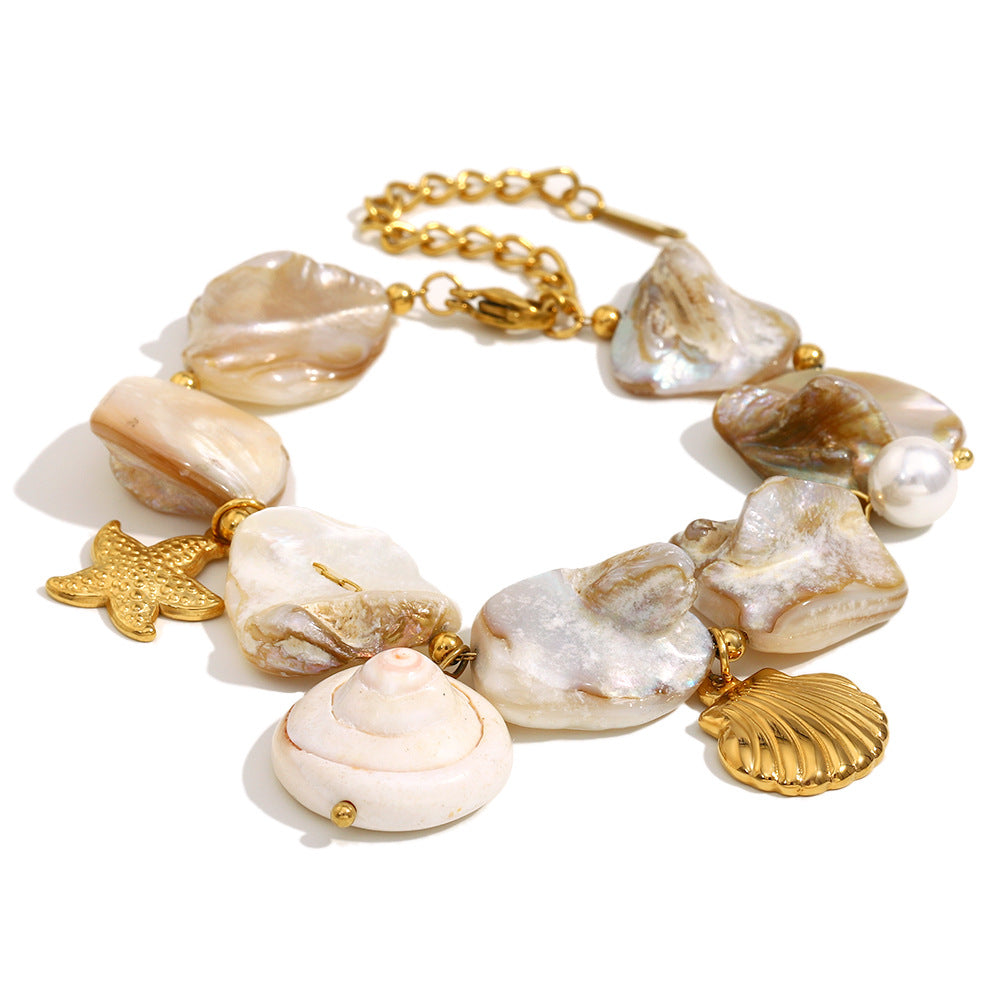 Set collana e bracciale pendente conchiglia barocca in acciaio inossidabile placcato oro 18K da donna con motivi di stelle marine e vita marina