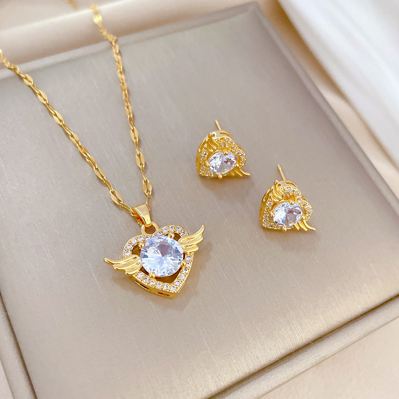 Luxury Titanium Steel Heart Wing Pendant Necklace and Earrings Set with Micro-Pavé Detail for Women Formal Events