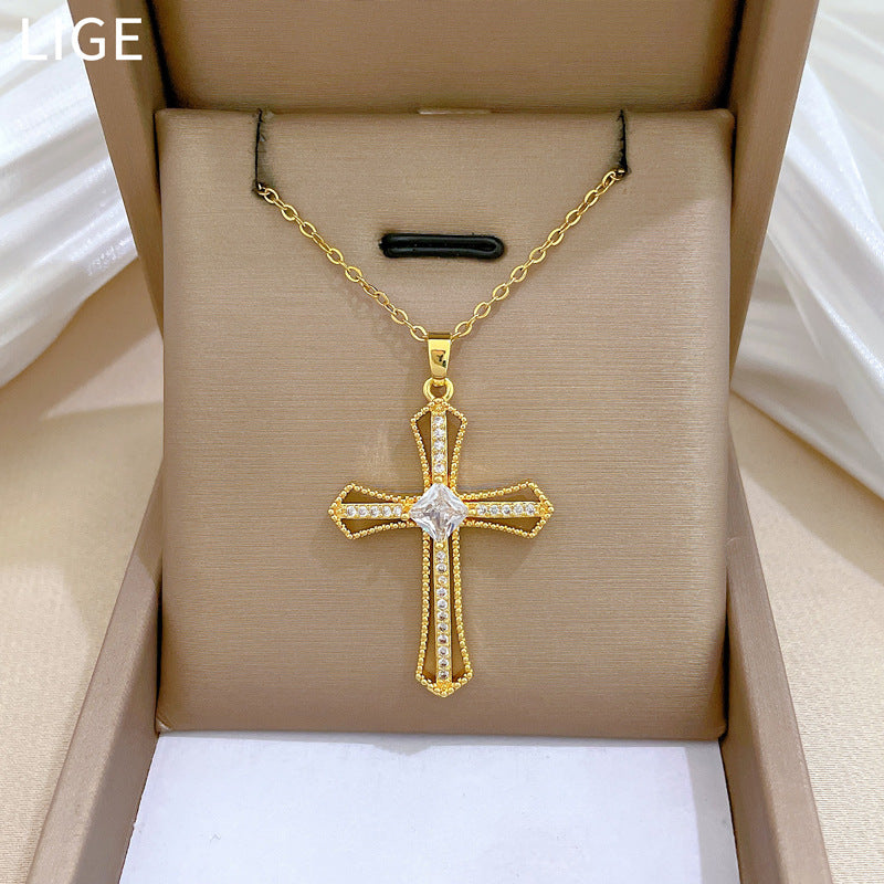 Sweet Minimalist Hollow Cross Rhinestone Titanium Steel Necklace for Unisex