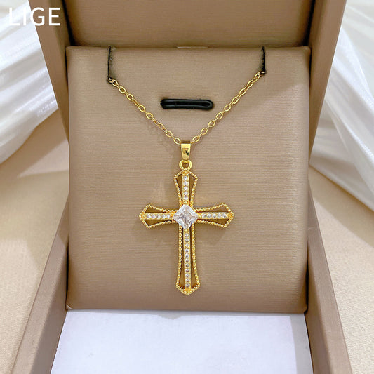 Sweet Minimalist Hollow Cross Rhinestone Titanium Steel Necklace for Unisex