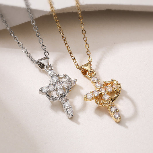 Minimalist 18K Gold Plated Brass Cross Pendant with Cubic Zirconia Inlay for Women