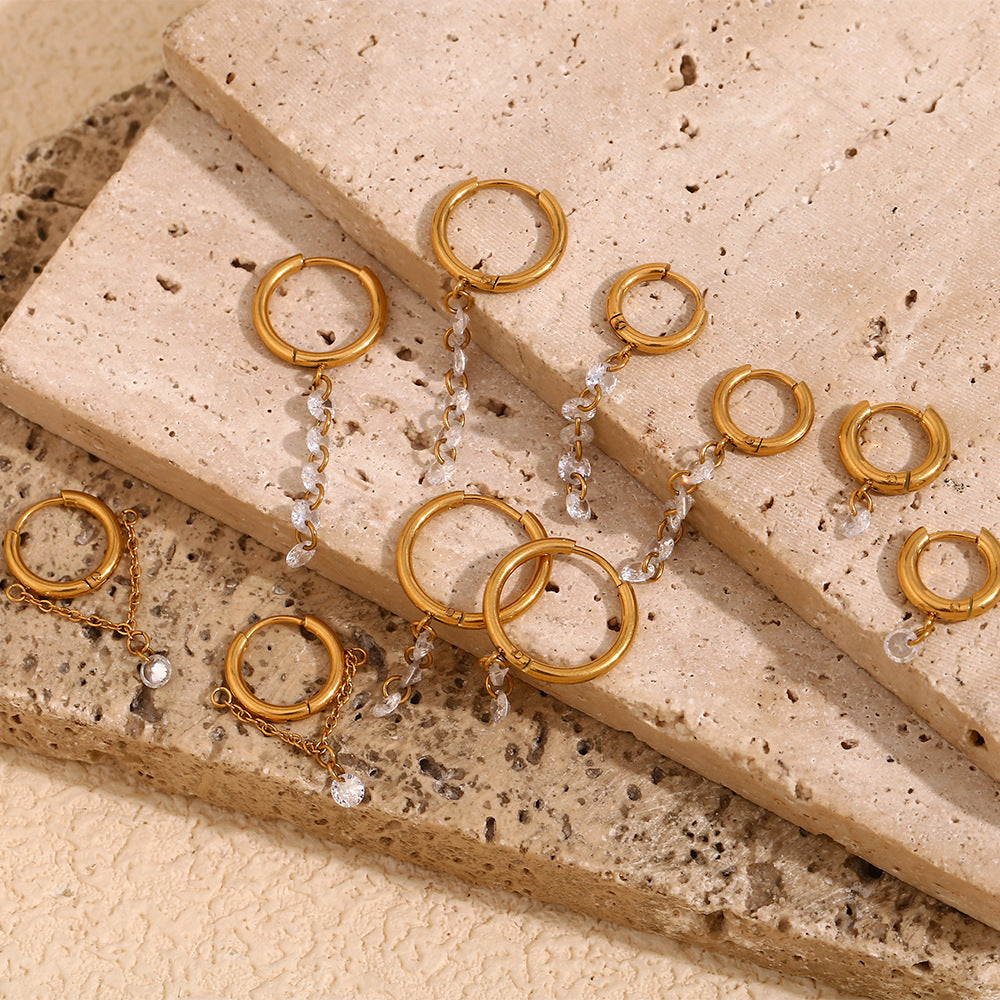 Orecchini Pendenti Geometrici Minimalisti in Acciaio Inossidabile con Placcatura in Oro 18K e Zirconia Bianca da Donna