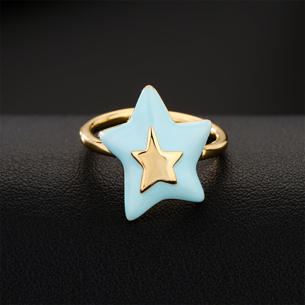 Minimalist Irregular Five-Pointed Star Open Ring for Women in Copper with 18K Gold Plating and Enamel Finish