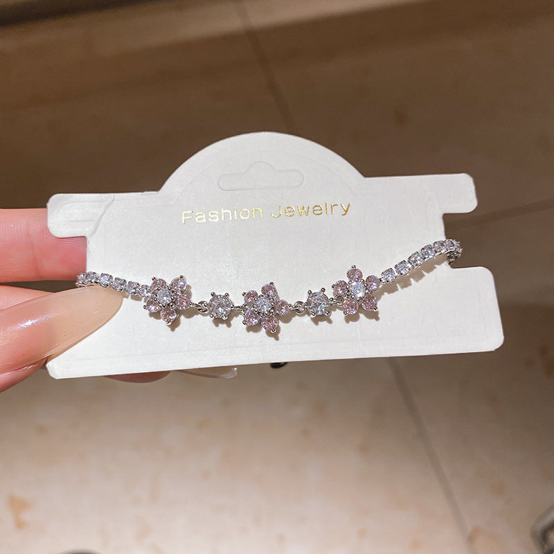 Sweet Square Floral Brass Bracelet with Cubic Zirconia Inlay for Women