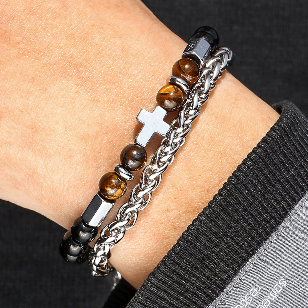 Hip-hop Streetwear Stainless Steel Cross Bracelet with Agate and Tiger's Eye for Men and Women