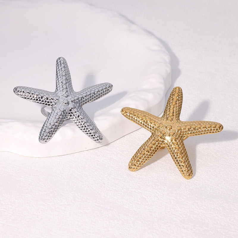 Casual Star-Shaped Stainless Steel Ring for Women with 18K Gold Plating Titanium Steel Band