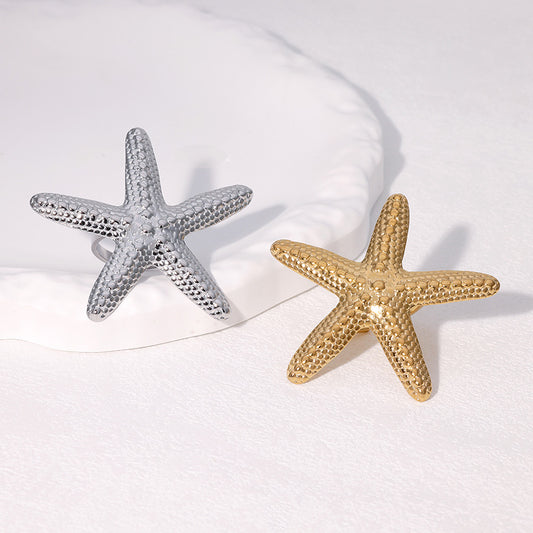 Anello casual in acciaio inossidabile a forma di stella per donna con placcatura in oro 18 carati e fascia in titanio