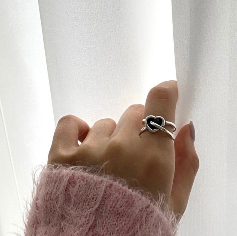 Anello a cuore geometrico placcato in argento sterling 925, stile minimalista vintage