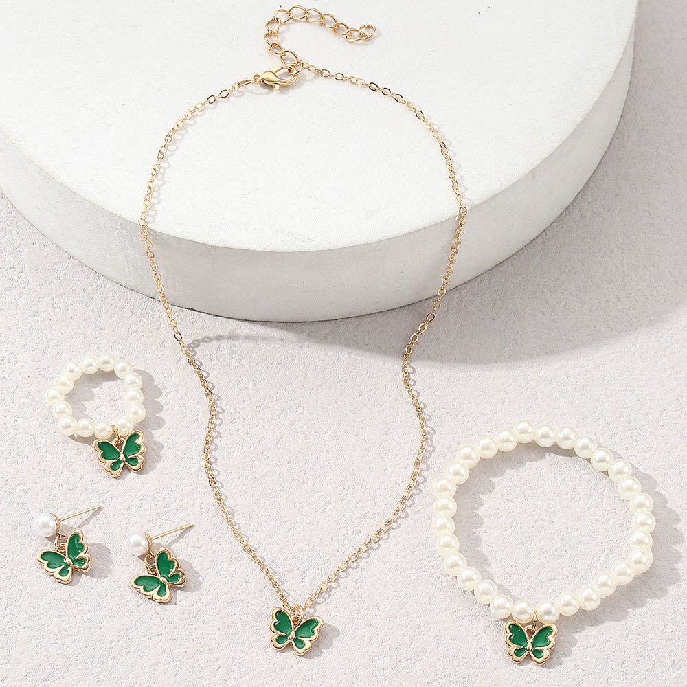 Set di collana in lega a forma di farfalla, con finitura smaltata, per bambine, Collezione Principessa, con catena a croce regolabile