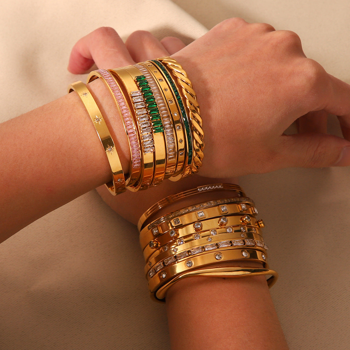Vintage-Inspired Titanium Steel Cuff Bracelet with Zircon Inlay, Asymmetrical Design, Vacuum-Plated 18K Gold Finish for Women