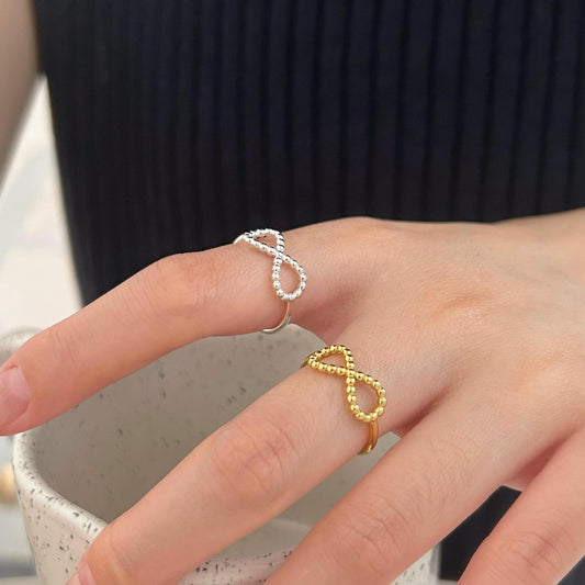 Minimalist Sweet 925 Sterling Silver Geometric Infinity Beaded Open Ring for Women