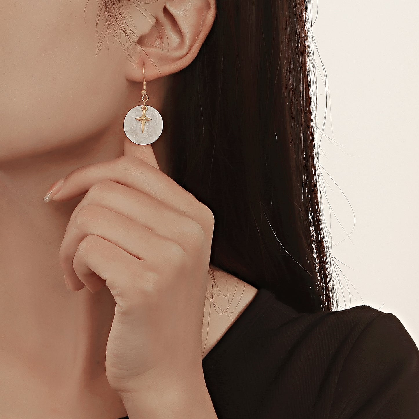 Vintage Style Geometric Star White Mother of Pearl Pendant Earrings for Women with Plated Alloy Finish