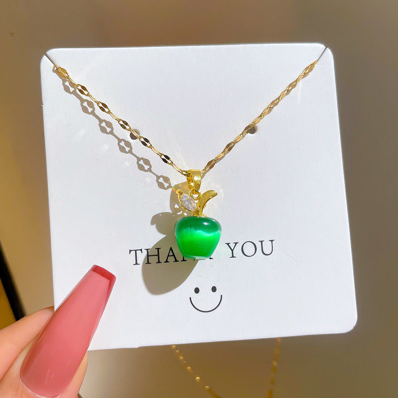 Cartoon Fresh and Sweet Titanium Steel Geometric Apple Pendant Necklace with Rhinestone Inlay