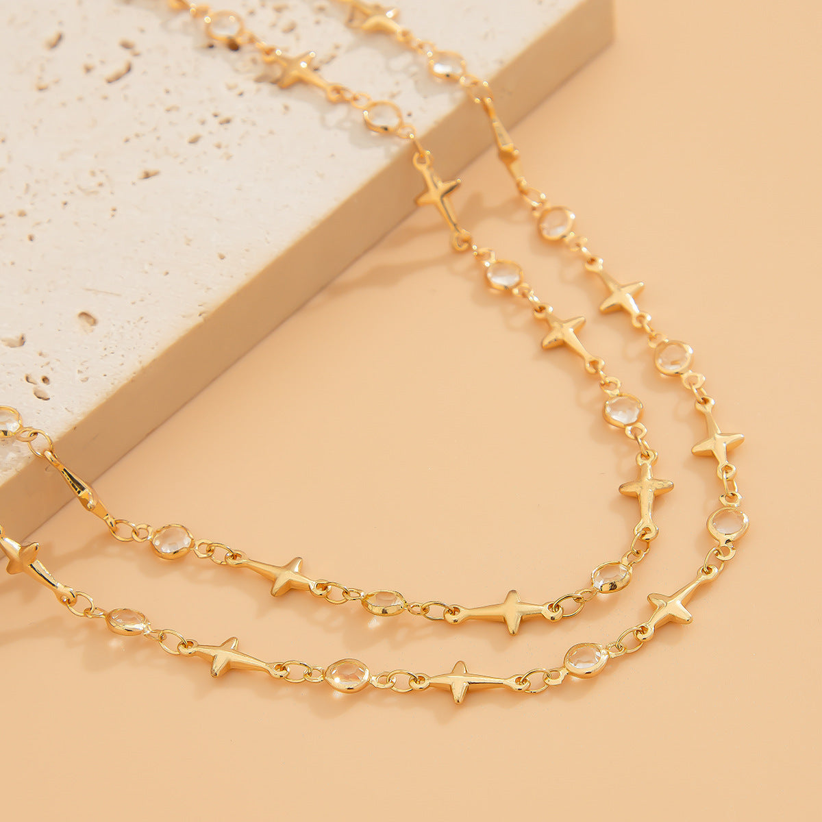 Sweet Geometric Brass Plated Necklace with Crystal Pendant for Women