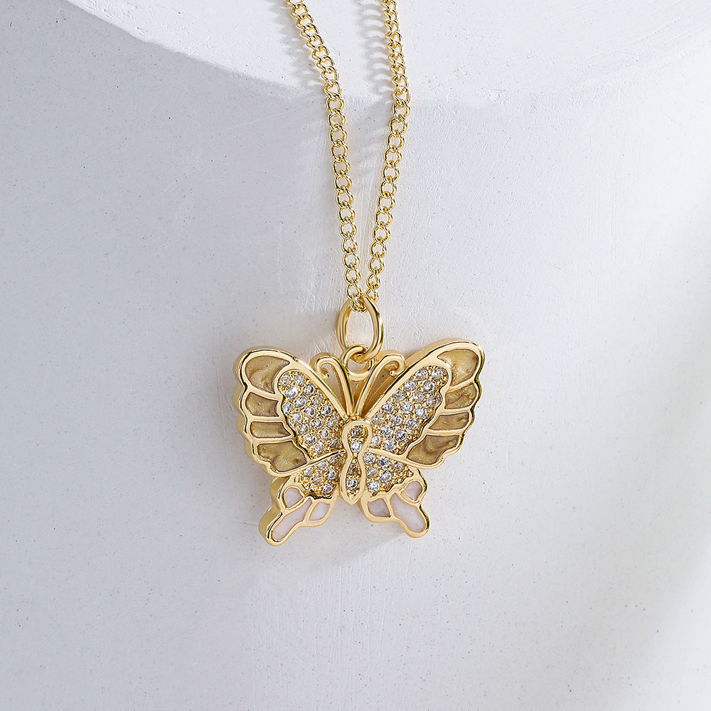 Minimalist Butterfly Pendant Necklace for Women in Copper with 18K Gold Plating and Enamel Finish Featuring Zircon Inlay