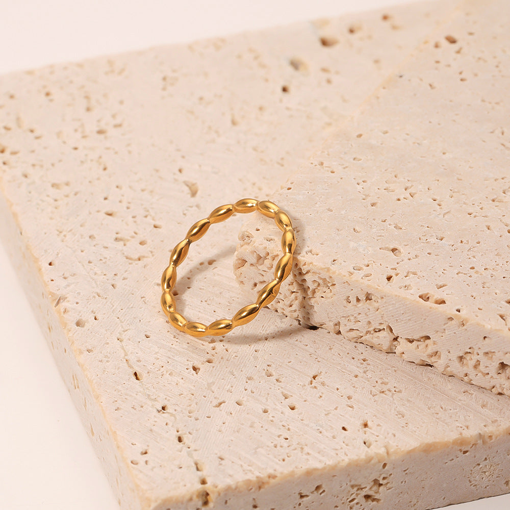 Minimalist French Style Geometric Round Polka Dot Textured Titanium Steel Ring for Women