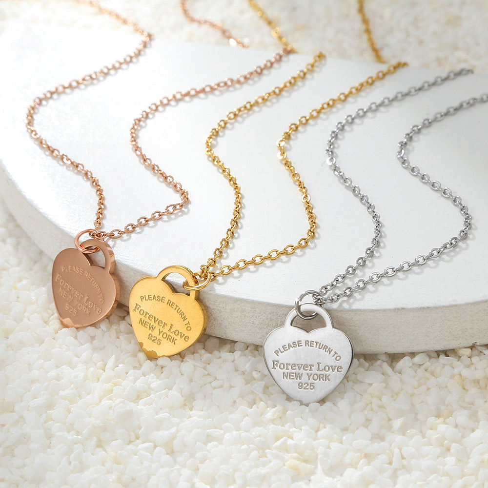 Sweet Heart Titanium Steel Plated Pendant Necklace with Curb Chain for Women