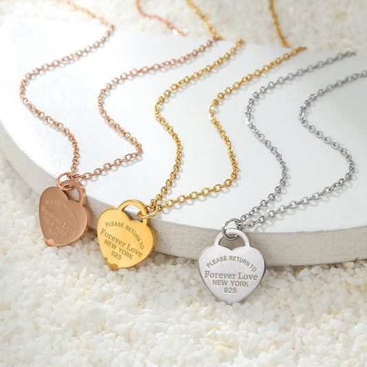 Sweet Heart Titanium Steel Plated Pendant Necklace with Curb Chain for Women