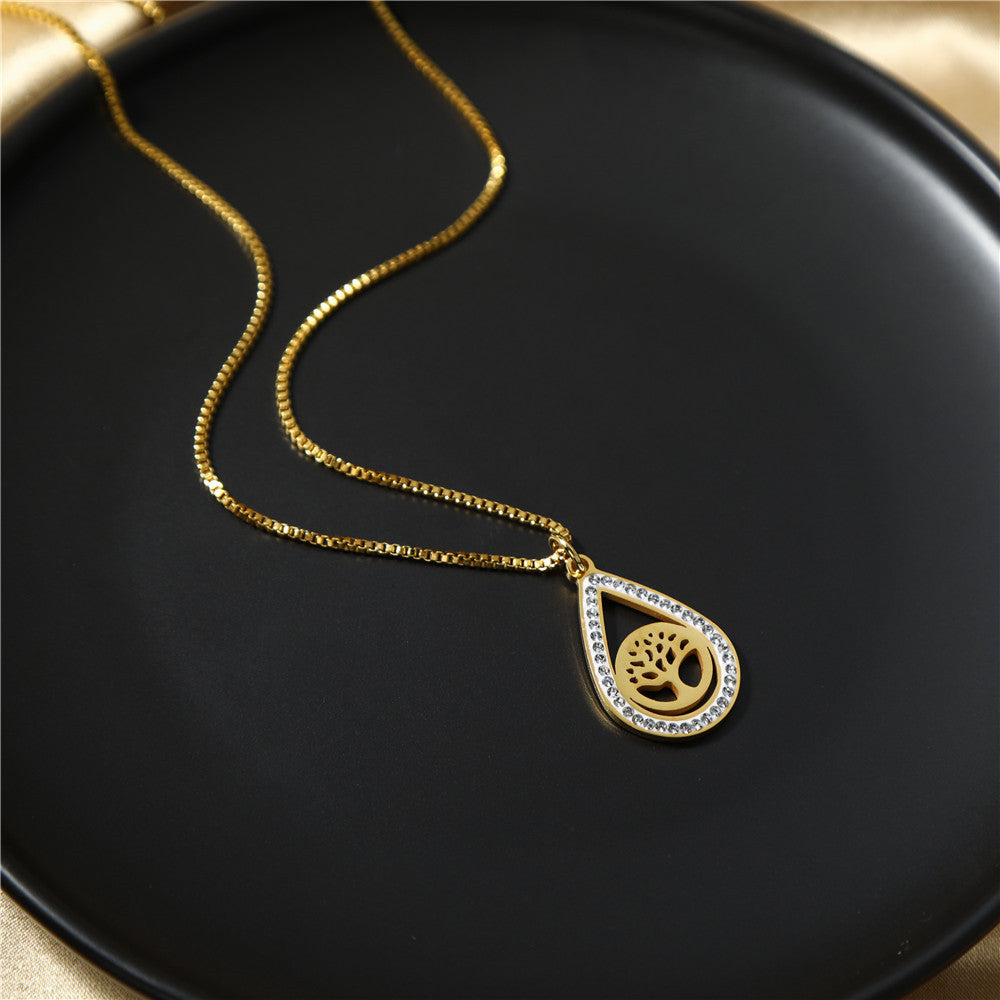 Sweet Teardrop Geometric Stainless Steel Inlaid Cubic Zirconia Alloy Pendant Necklace Box Chain