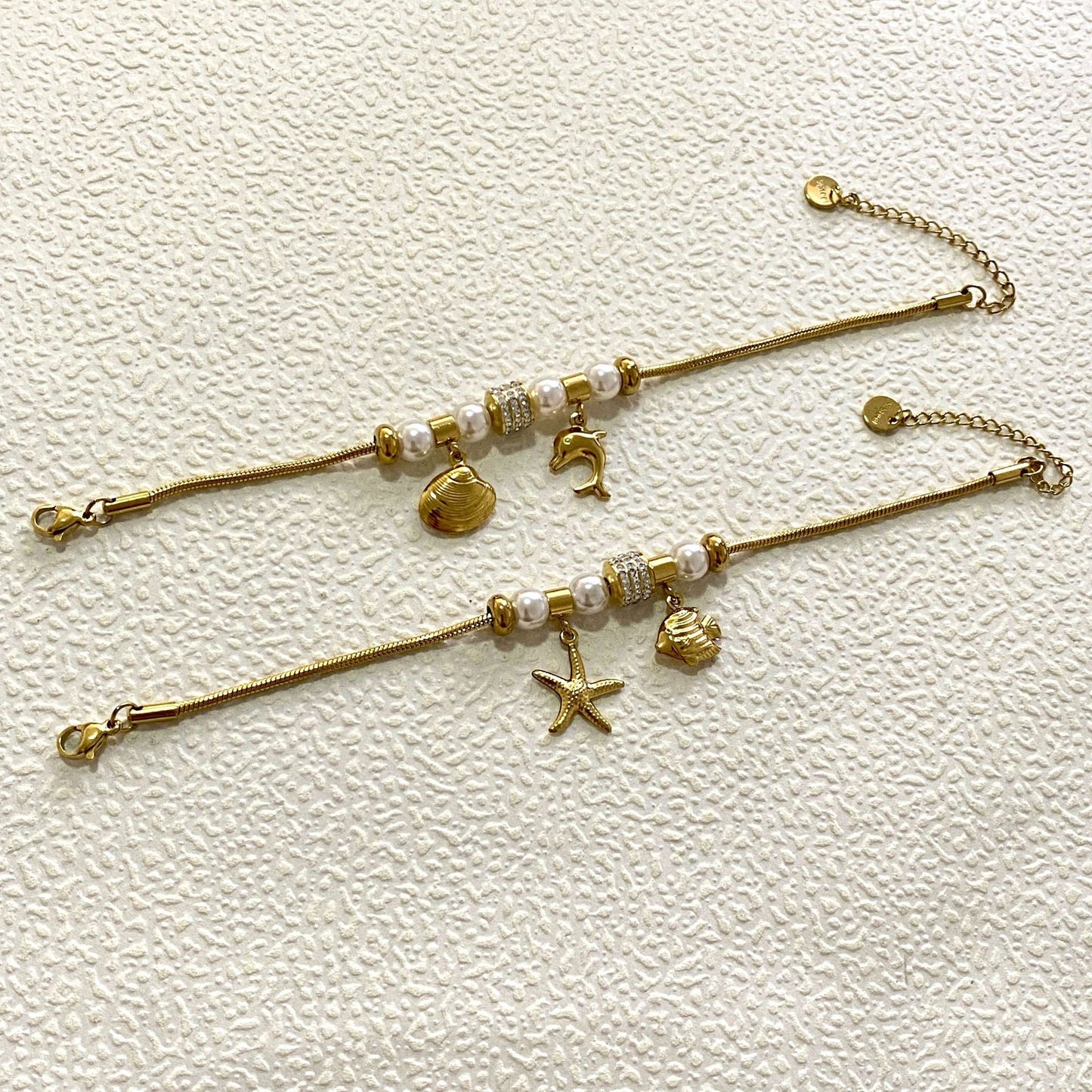 Sweet Geometric Starfish Shell Dolphin Fish Imitation Pearl Design Stainless Steel Bracelet for Women