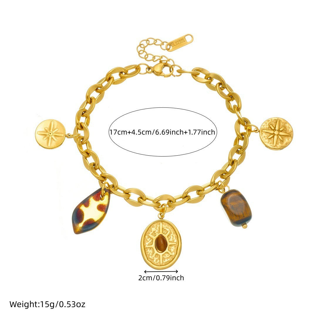 Vintage Gold Plated Stainless Steel Oval Eight-Pointed Star Compass Pendant Cuban Link Chain Bracelet for Women