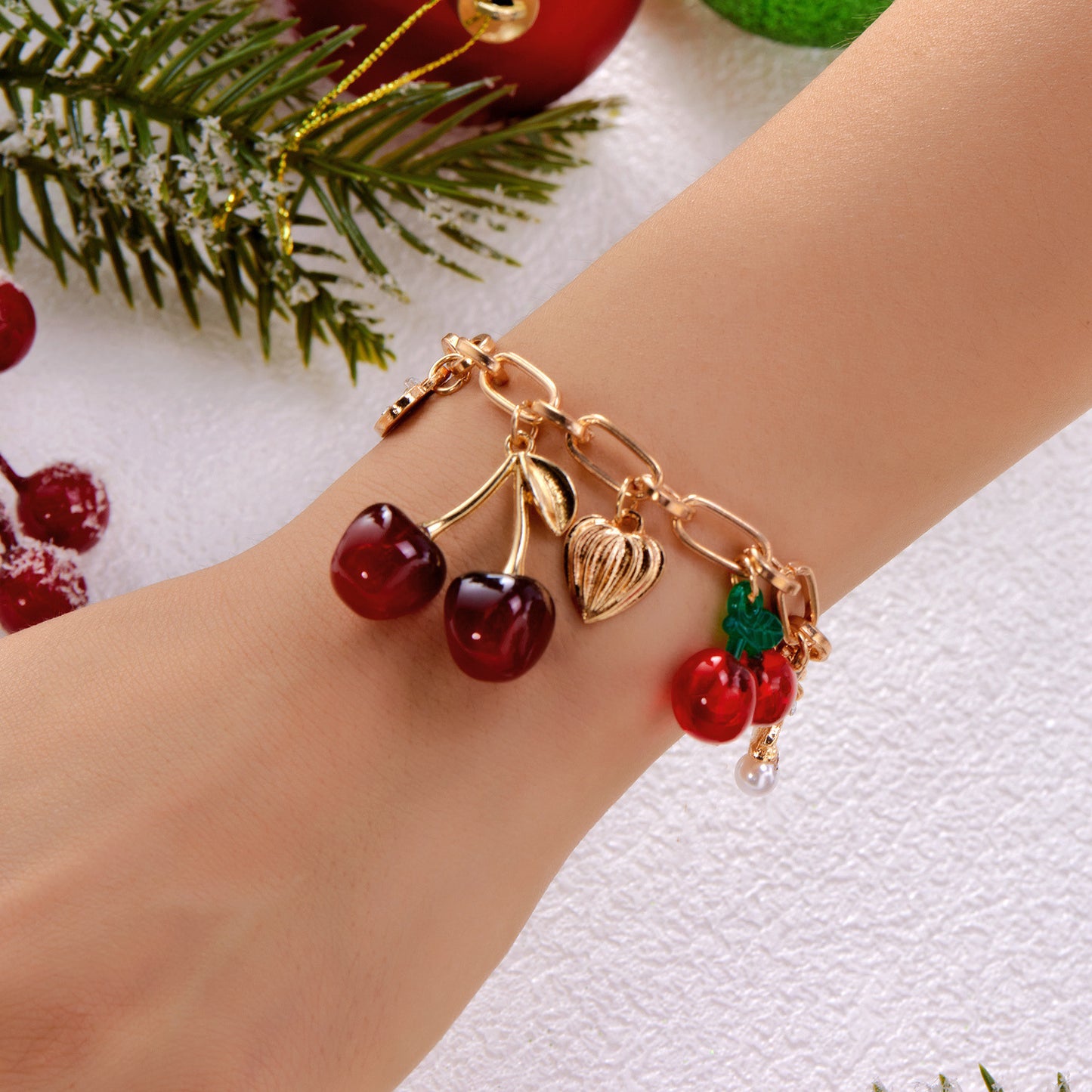 Drip Oil Plated Alloy Heart and Cherry Pendant Bracelet for Women