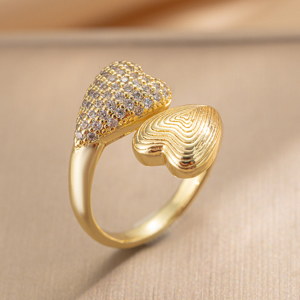 Luxury Minimalist Adjustable Open Ring for Women with Gold-Plated Copper Band and Zircon Stone Accent in Heart and Floral Shape