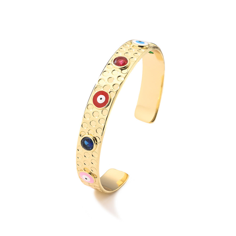 Bohemian Style Geometric Open Cuff Bracelet for Women with Copper Base Plated in Real Gold and Enamel Eye Design with Micro-Pave Zirconia
