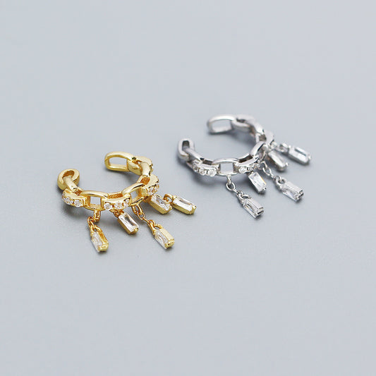 Sweet and Edgy Geometric S925 Sterling Silver Clip-On Earrings with Tassel Detail for Women