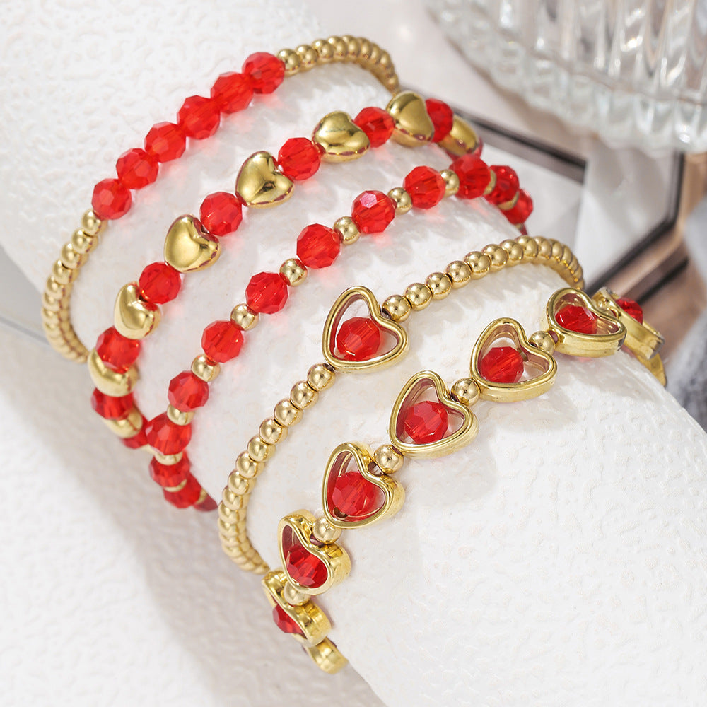 Fashion Red Crystal Beaded Heart Bracelet Multi-Layer Acrylic Geometric Jewelry for Women and Men