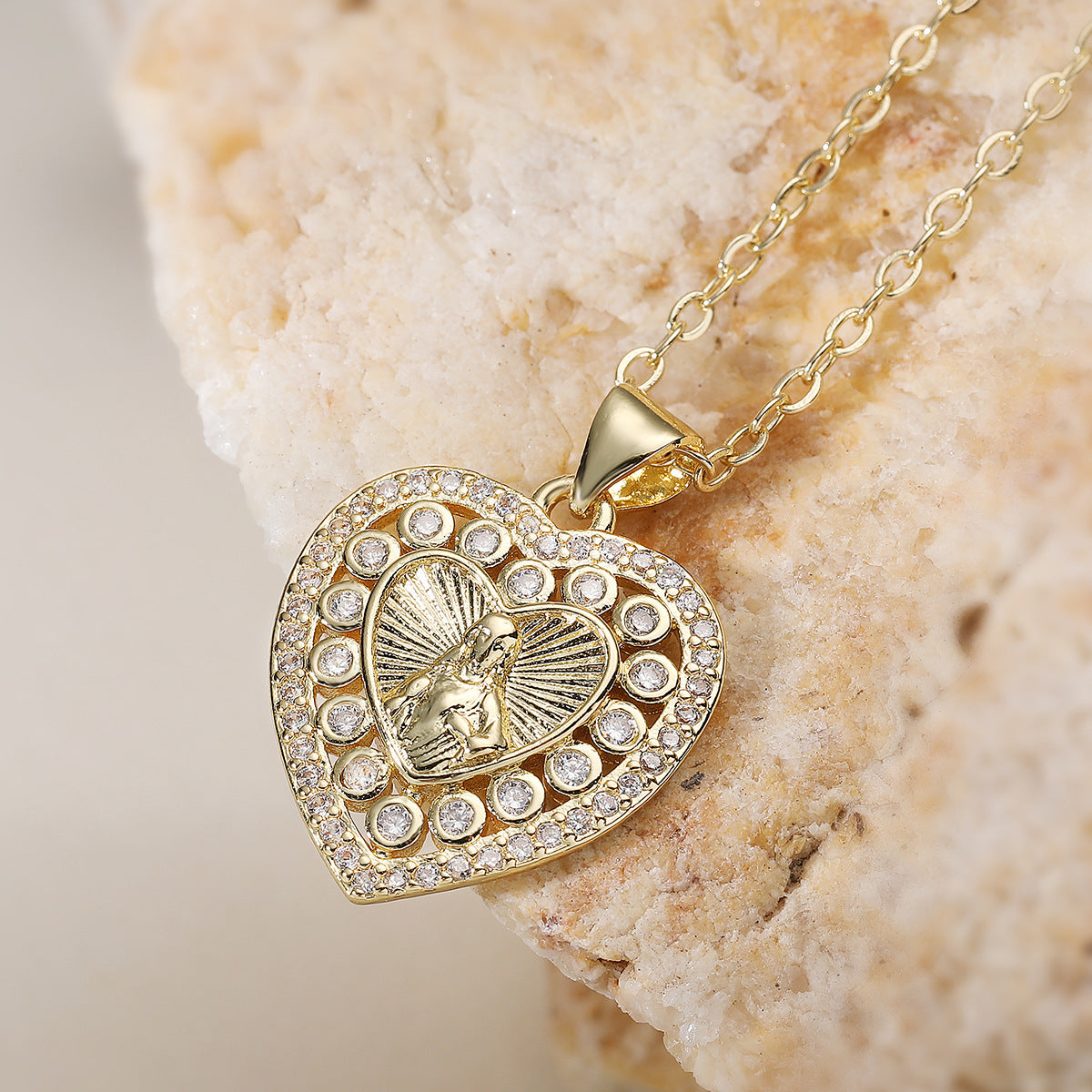 Vintage Minimalist Heart Brass Gold Plated Cubic Zirconia Maria Pendant Necklace