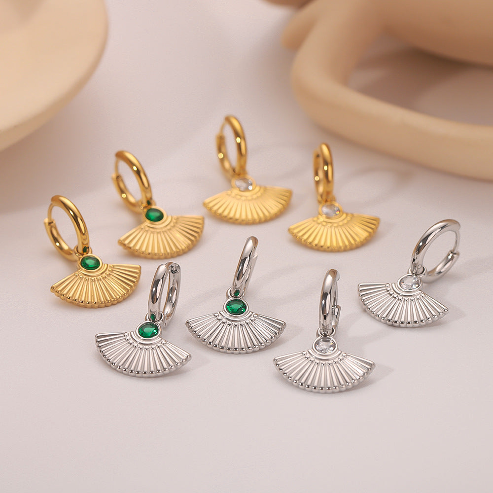 Orecchini Geometrici Vintage a Coda di Pesce a Ventaglio con Zircone Bianco e Smeraldo, Acciaio Inossidabile Placcato Oro 18K da Donna