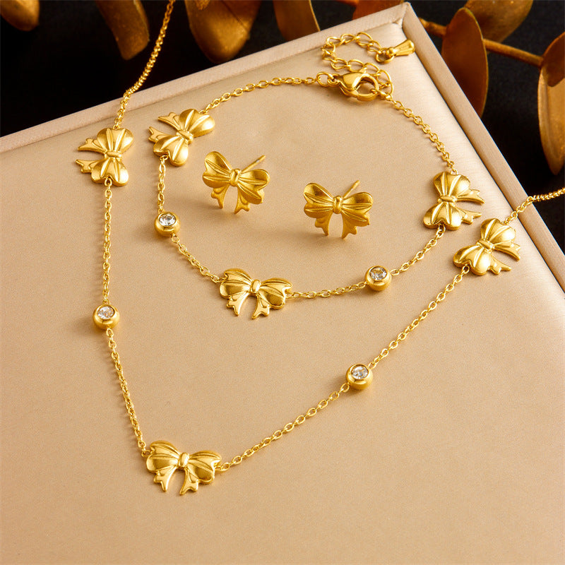 Minimalist Gold Plated Stainless Steel Heart Butterfly Teardrop Pearl Jewelry Set for Women