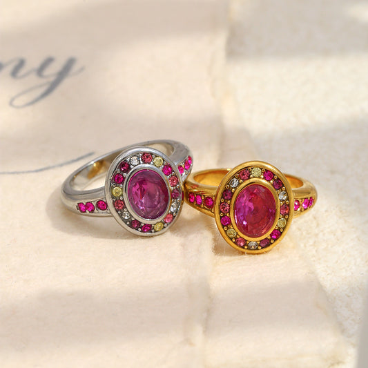 Minimalist Geometric Stainless Steel Ring with 18K Gold Plating and Colorful Zircon Inlay for Women