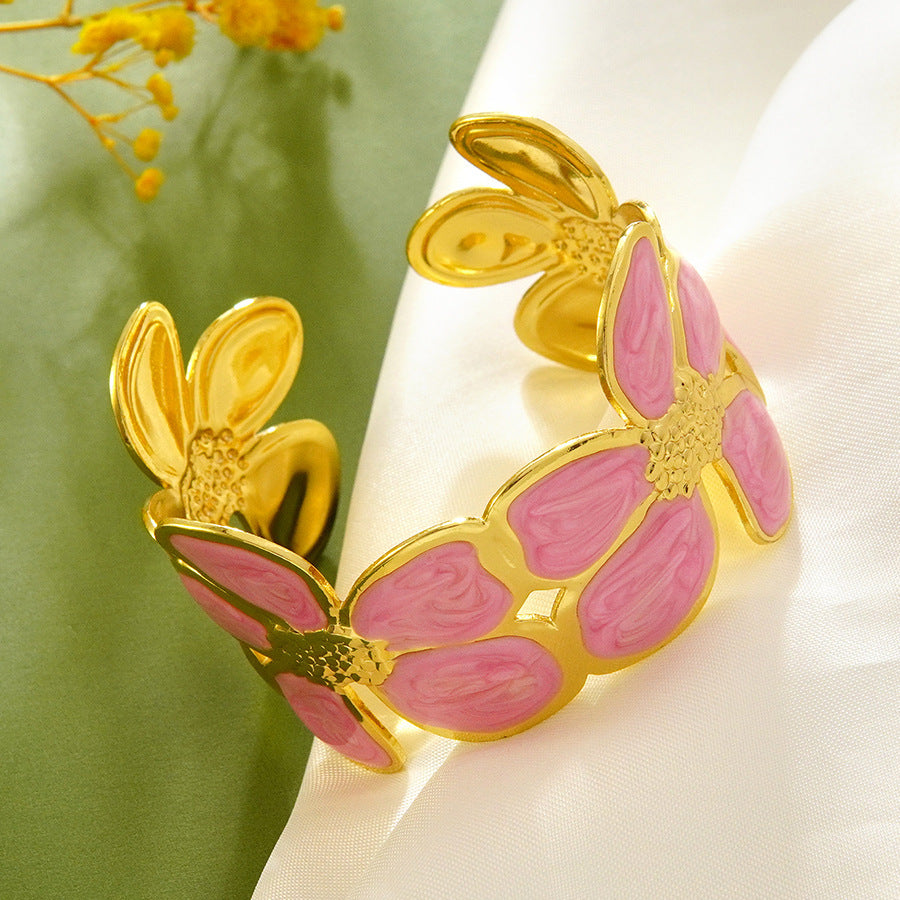 Bracciale a Polsino Casual in Acciaio Inossidabile e Titanio con Olio a Goccia Floreale