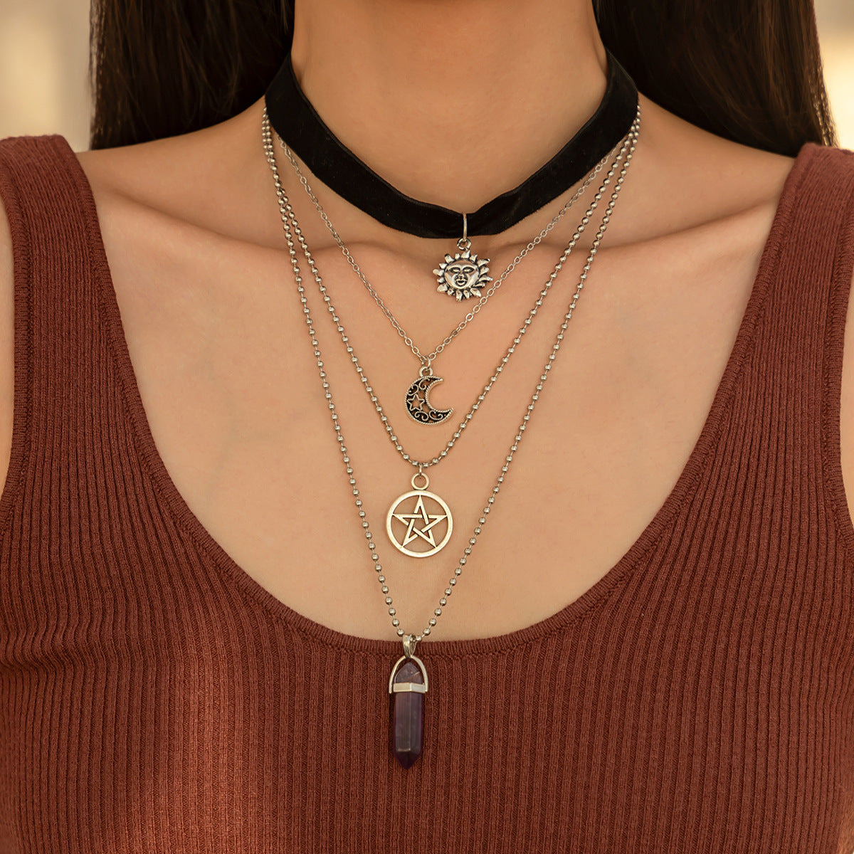 Vintage Bohemian Multi-Layer Necklace Set with Tree Pendant and Beaded Strands for Women