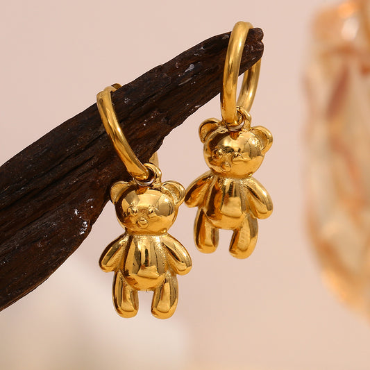 Orecchini da donna in acciaio inossidabile placcati oro 18K a forma di orsetto, design minimalista con animali, alla moda e adatti per l'ufficio