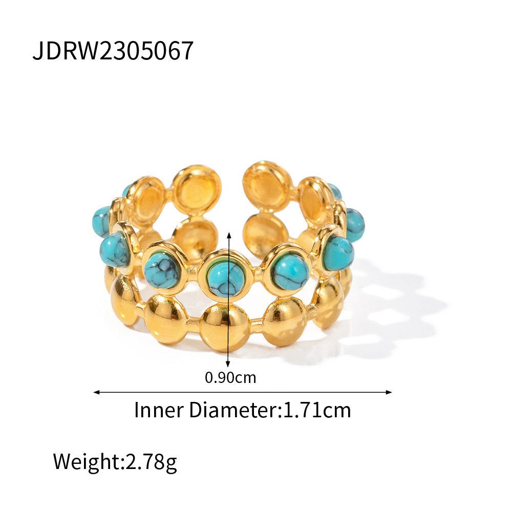 Anillo de titanio y acero geométrico minimalista con baño de oro e incrustaciones de turquesa para mujer