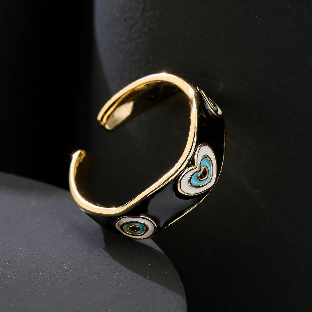 Minimalist Geometric Copper Ring with 18K Gold Plating and Enamel Heart-Eye Pattern
