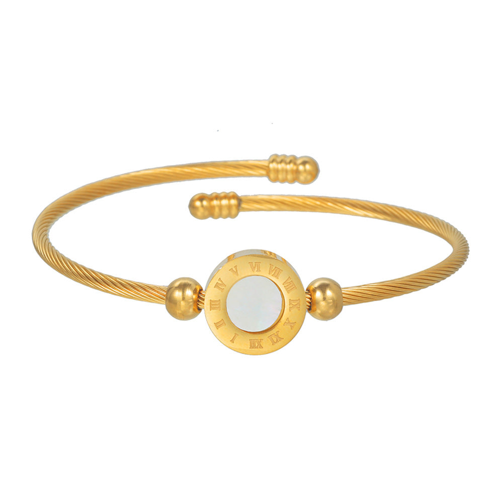Adjustable Geometric Round Stainless Steel Cuff Bracelet with Shell Inlay