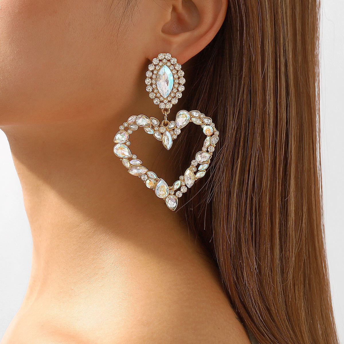 E8893 Pendientes de Mujer en Forma de Corazón de Aleación con Diamantes de Imitación Chapados Estilo Dulce a la Moda Pendientes Largos