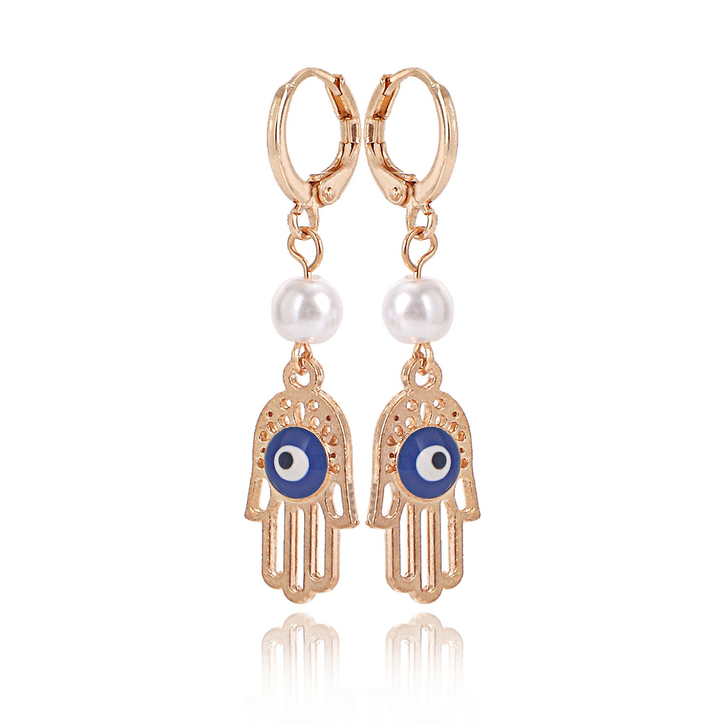 Fashionable Evil Eye Hand Palm Pearl Earrings for Women Alloy Electroplated Geometric Design