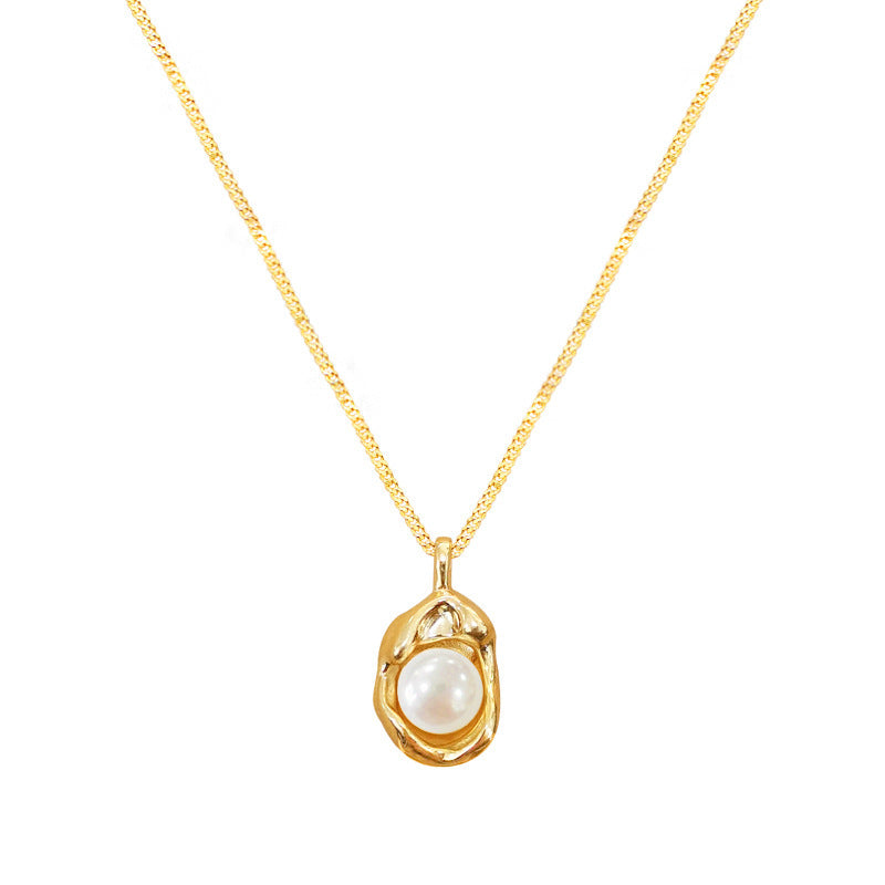 Collar de acero de titanio con colgante de perlas con forma irregular de cacahuete, estilo francés vintage, para mujer, con acabado chapado y diseño delicado de clavícula