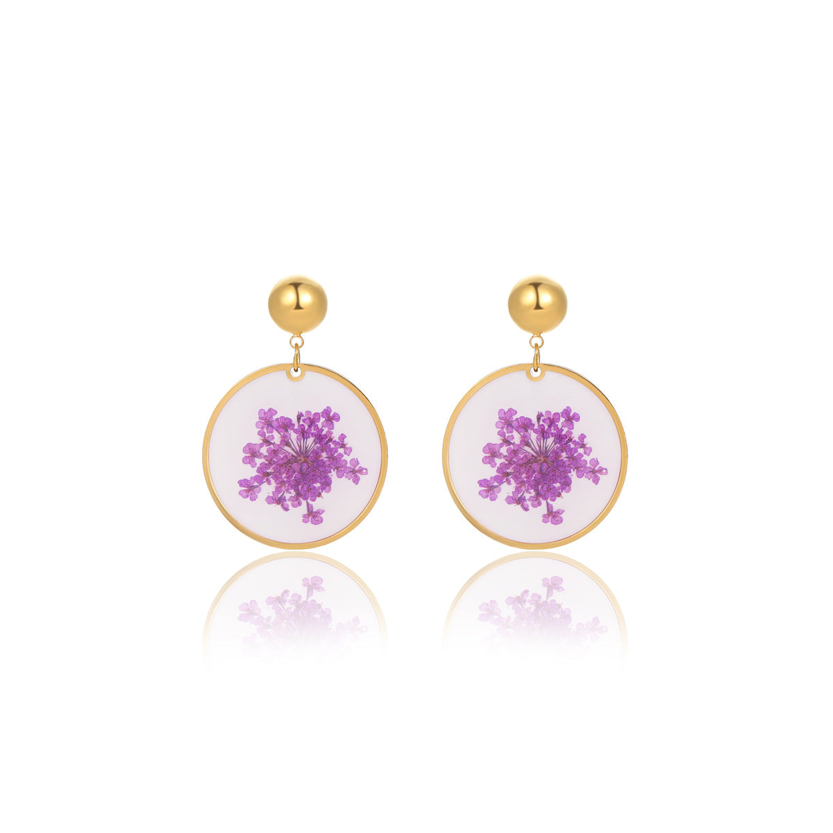 Aretes de acero inoxidable minimalistas con flores prensadas de resina y esmalte para mujer