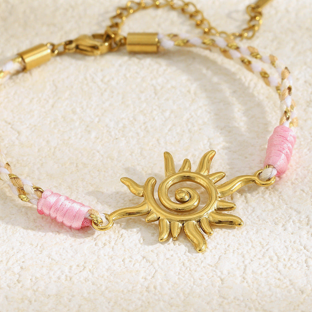 Minimalist 18K Gold Plated Geometric Sun Stainless Steel Rope Bracelet for Women