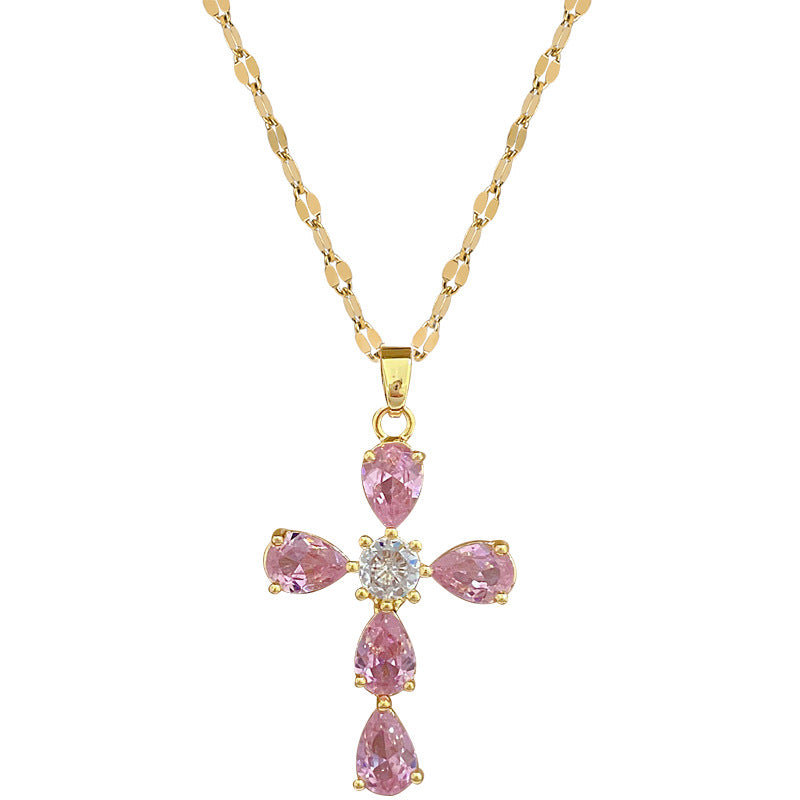 Collana con ciondolo geometrico di lusso in acciaio inossidabile con strass a croce per unisex