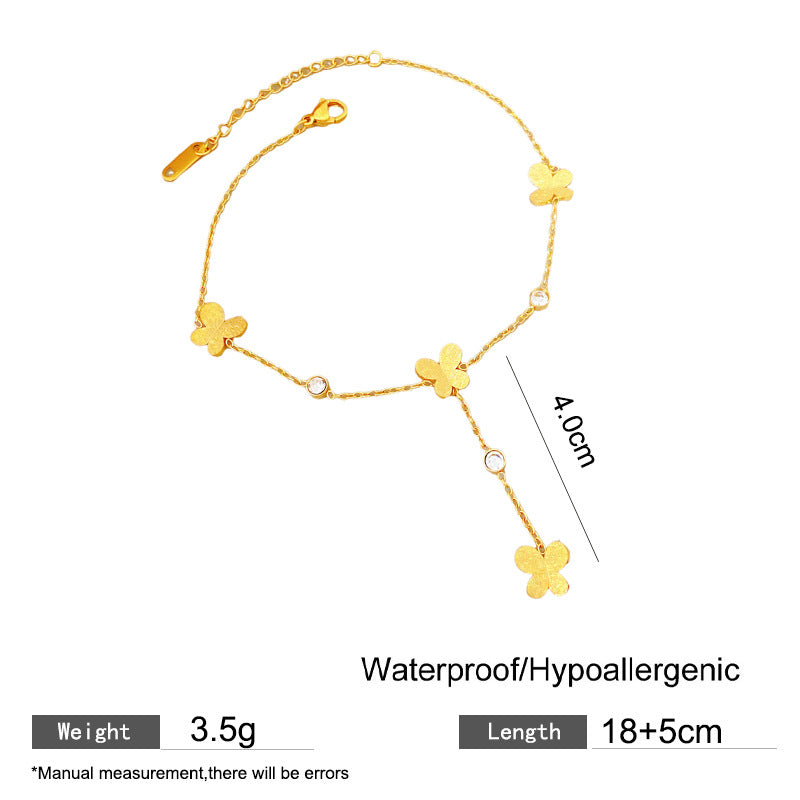 Minimalist Gold Plated Titanium Steel Heart Butterfly Rhinestone Anklet with Tassel