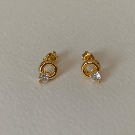 Minimalist Sweet 925 Sterling Silver Round Letter Cubic Zirconia Earrings Asymmetric Double Ring Plated