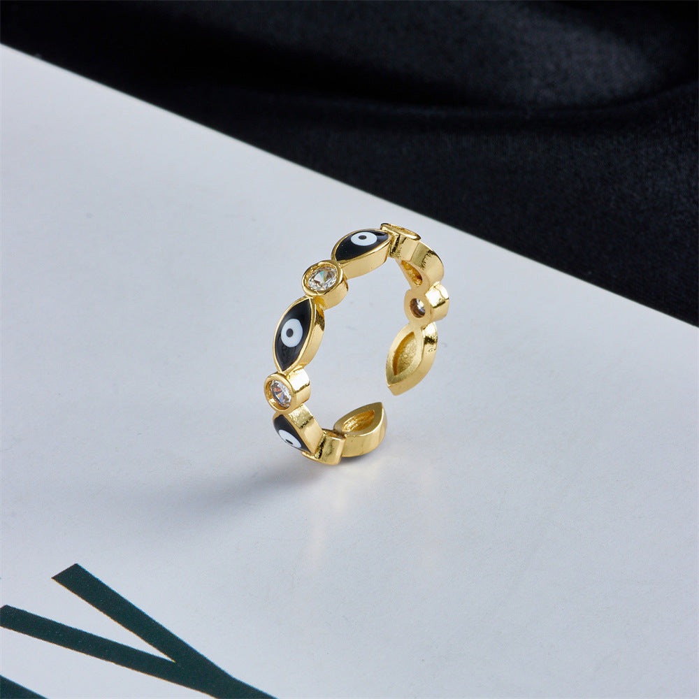 Anello Aperto con Occhio di Allah Geometrico Casual da Donna con Base in Rame Placcata in Oro 18 carati e Zirconia Micro-Incastonata con Finitura Smaltata